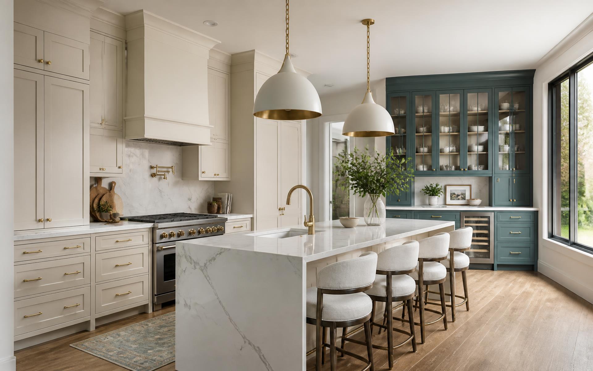 Custom kitchen renovation with painted cabinetry, stone island, and natural light