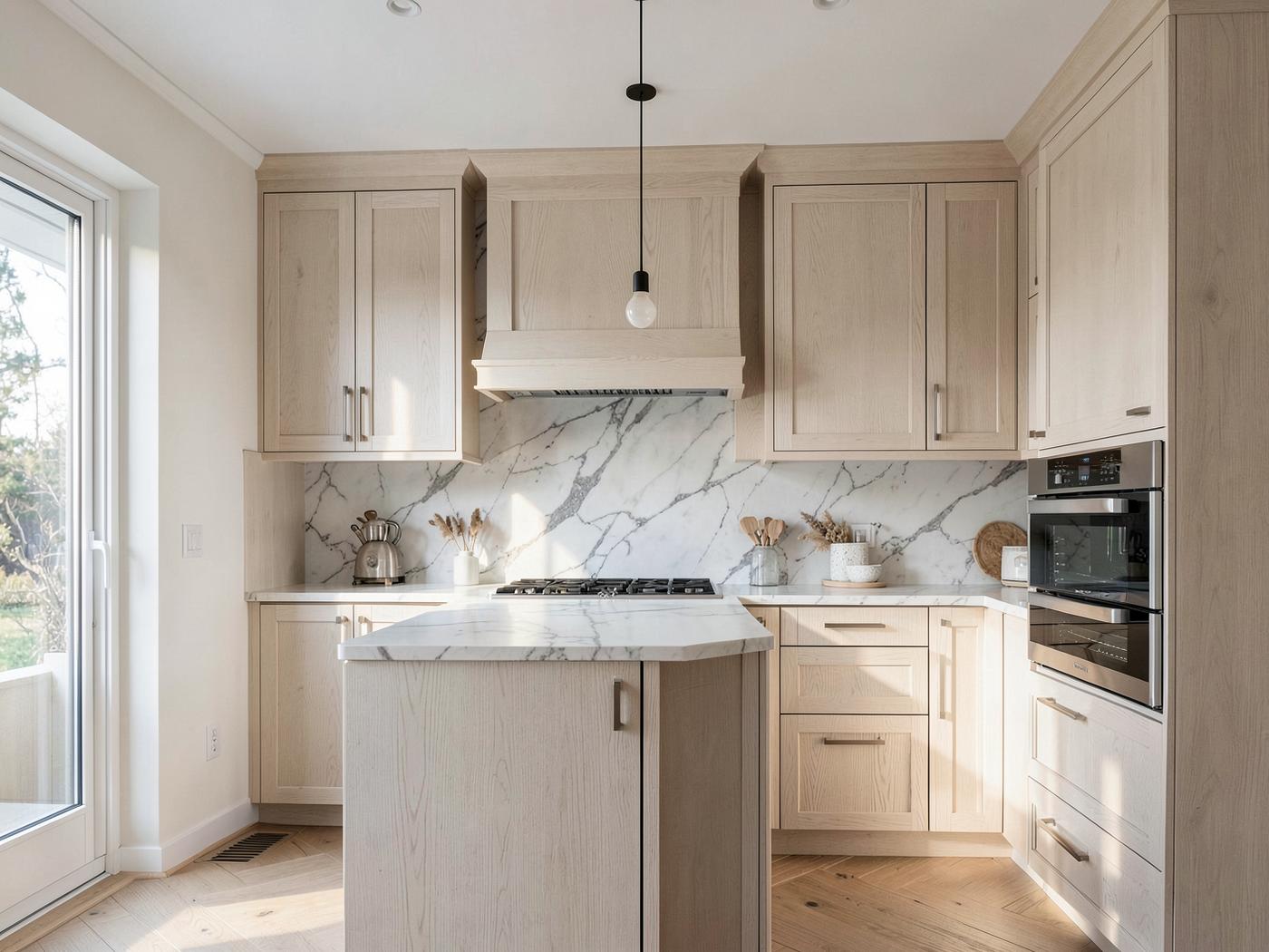 Remodeled kitchen with white oak cabinetry and marble backsplash