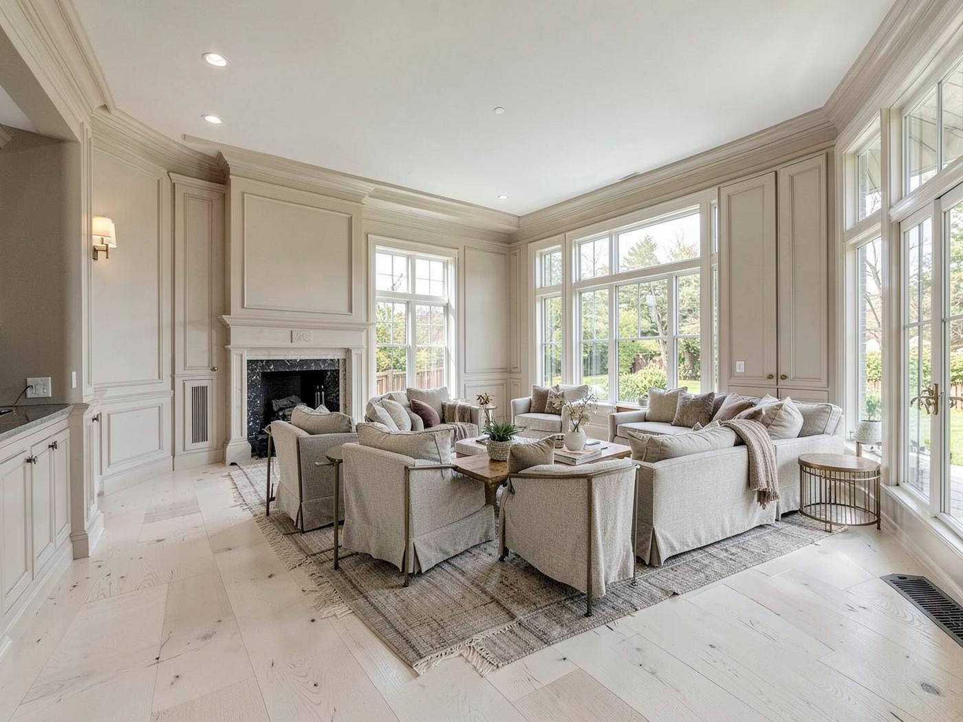Renovated open living room with white oak flooring and detailed millwork